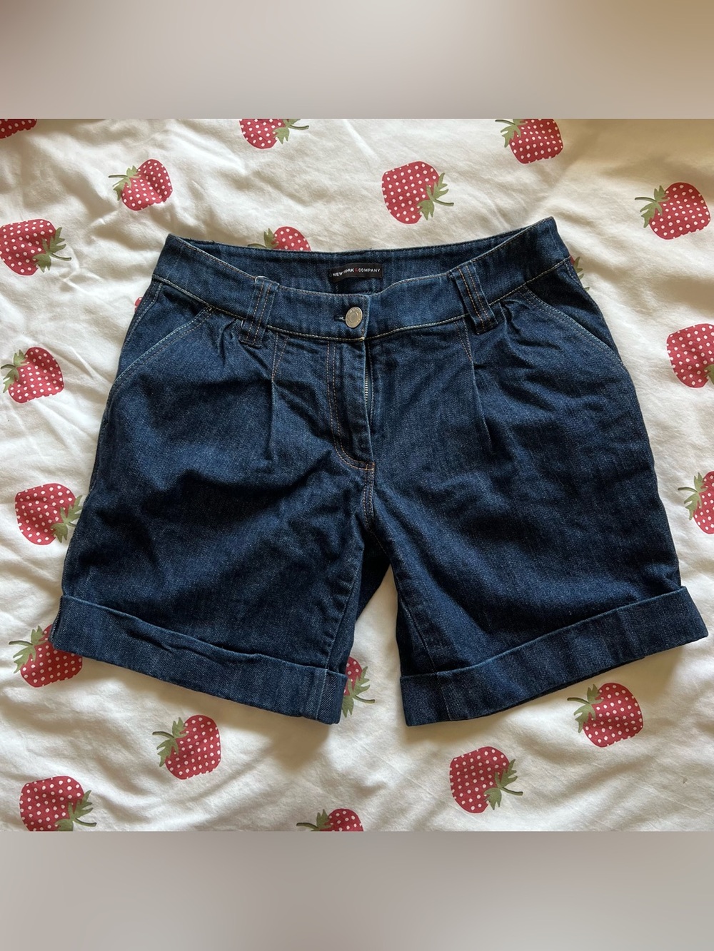 New York & Company Dark Blue Denim Pleated Shorts